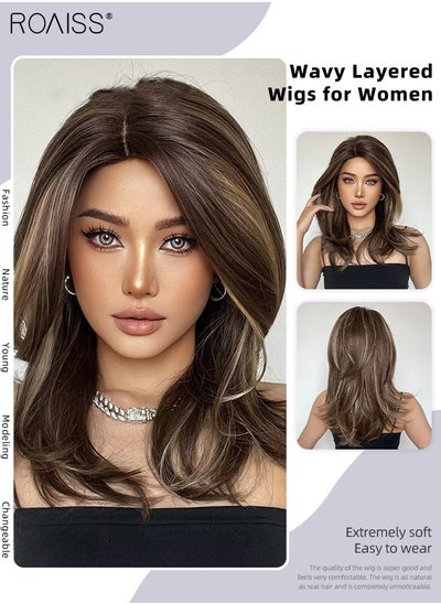 Buy Wavy Layered Wigs for Women, Natural Soft Synthetic Heat Resistant Hair Wig with HightLights for Wedding Cosplay Party Daily Wear, Brown Mixed Blonde, 55cm (22 inches) in Saudi Arabia