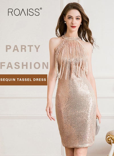 Buy Banquet Party Dress for Women Evening Dresses Halter Neck Sequins Knee-Length Sleeveless Prom Ball Gown Wedding Elegant Slim Formal Dresses Bridesmaid Dress in Saudi Arabia