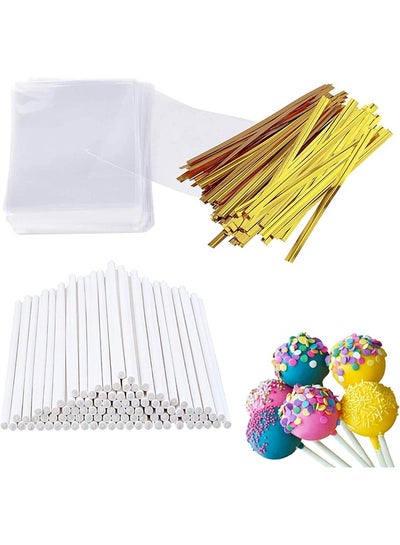 Buy 300PCS DIY Cake Pop Sticks and Wrappers Set, Including Paper Lollipop Sticks, Clear Candy Treat Bags Parcel, Gold Twist Ties for Cakepop, Lollipop, Hard Candy, Suckers, Chocolate Gift in Saudi Arabia