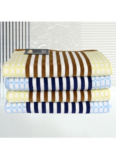 Buy 4 Piece Bathroom Towel Set HYDRO 420 GSM 100% Cotton Velour 4 Bath Towel 70x140 cm Blue & Yellow Color Modern Stripe Design Luxury Touch Extra Absorbent in UAE