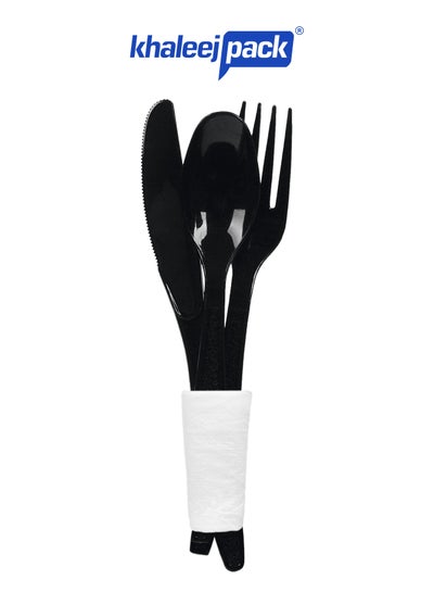 Buy KHALEEJ PACK –[50 pcs] Cutlery Set Black Heavy Duty Table Fork – Knife – Spoon with Paper Napkin, Strong & Safe complete set for individuals. in UAE