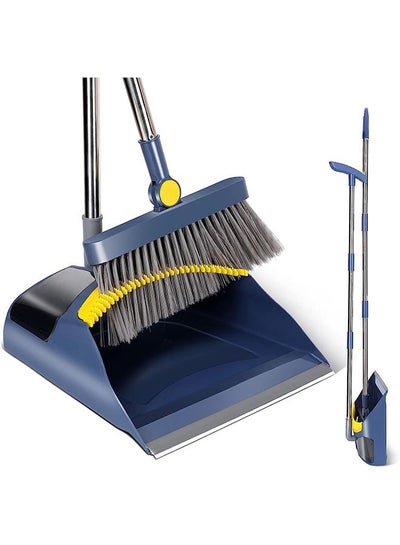 Buy Dustpan and Brush Sets Long Handled, Soft Bristles Broom and Dustpan Set Indoor Outdoor, Household Upright Dust Pan Combo & Sweeping Brush for Lobby Kitchen Office, Blue & Yellow in Saudi Arabia