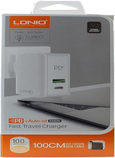 Buy LDNIO A4403C Fast Travel Charger 20W With 2 Port PD+AUTO-ID With Lightning Cable - White in Egypt