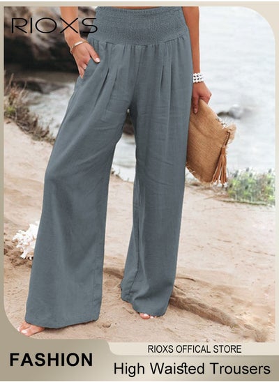 Buy Casual Wide Leg Cotton Linen Trouser for Women Comfy Elastic High Waist Pant With Pockets Women's Loose Fit Dress Pants in Saudi Arabia