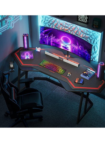 Buy Ergonomic Gaming Desk, Home Office Gamer Desk, Computer Table with Large Carbon Fiber Desktop, 63 Inch Office Workstation with Mouse Pad, Cup Holder & Headphone Hook, Black in Saudi Arabia