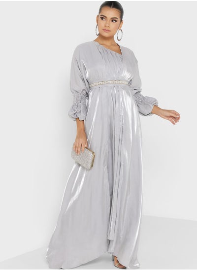 Buy Ruched Sleeve Embellished Tiered Dress in Saudi Arabia