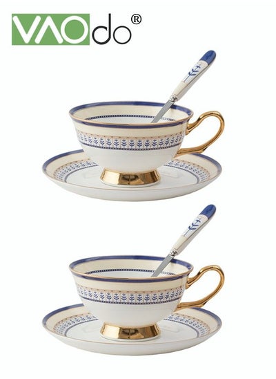 Buy 2PCS Coffee and Saucer Set With Spoon Thin Through Bone China Hand-painted Gold Black Tea Teacup Afternoon Teacup and Saucer Spoon Set in UAE