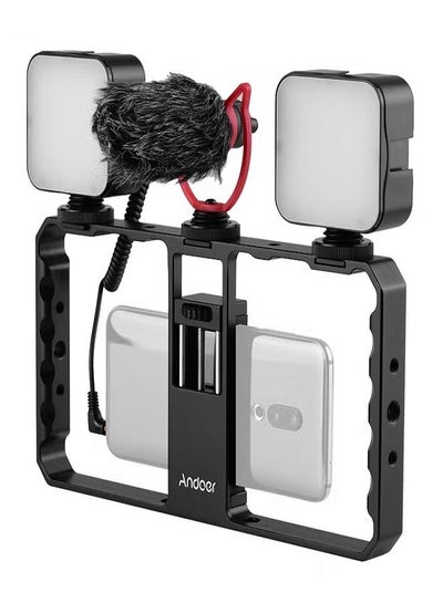 Buy Smartphone Video Rig Grip With Dual LED Light Microphone And Shock Mount Black in Saudi Arabia
