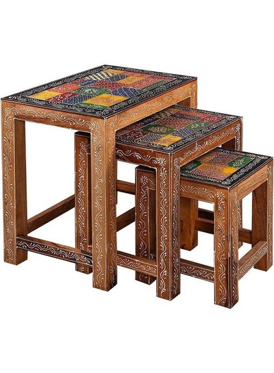 اشتري كرسي التعشيش الخشبي | طاولة جانبية خشبية | طقم كرسي خشبي 3 قطع في الامارات