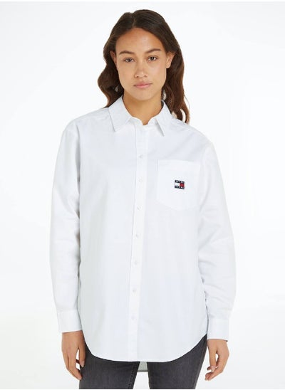 Buy Women's Badge Boyfriend Fit Long Sleeves Shirt - Cotton, White in Saudi Arabia