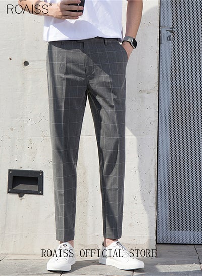 اشتري Young Men's Suit Pants Straight Fit British Plaid Thin Section Business Casual Pants Cropped Pants في الامارات