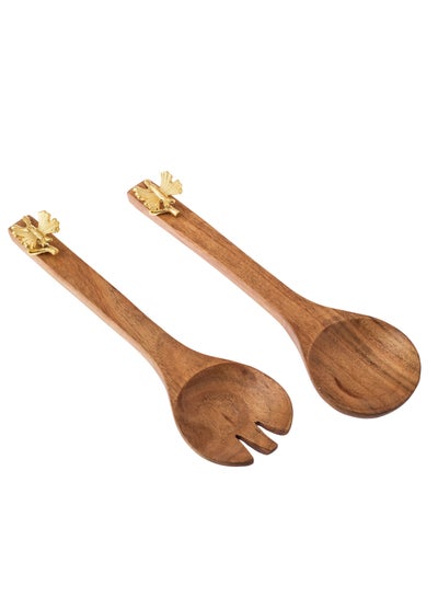 Buy A service set and spoons made of beech wood with a golden metal butterfly decor in Saudi Arabia