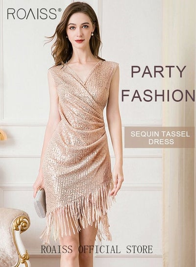 Buy Banquet Party Dress for Women Evening Dresses V Neck Sequins Knee-Length Sleeveless Prom Ball Gown Wedding Elegant Slim formal Dresses Bridesmaid Dress in UAE