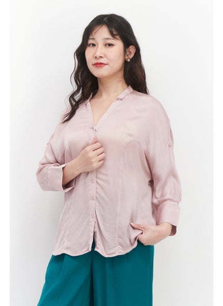 Buy Women Spread Collar Long Sleeves Plain Blouse, Pink in UAE