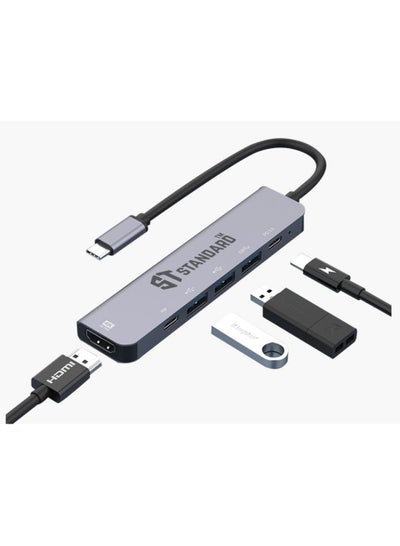 اشتري USB C Hub 6-IN-1 Type C to HDMI 4K 30Hz Adapter with Type C DATA - USB3.0 x 1 - USB2.0 x 2 - Type C PD3.0 في السعودية