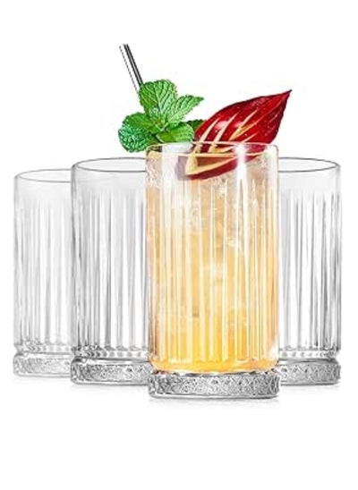 Buy Highball Glasses 14 fl.oz,Set of 4, Lead-free Drinking Glasses with Heavy Base,Premium Collins Tumblers for Water/Juice/ Cocktails/Beverages,Beautiful Striped Look Glassware,Dishwasher Safe in UAE