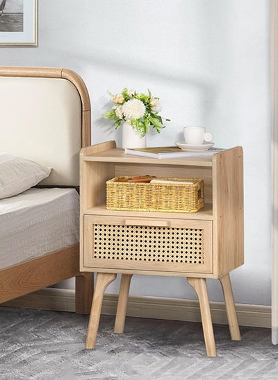 Buy SHARPDO Rattan Nightstand, Boho Side Table with Drawer Open Shelf, Cane Accent Bedside End Table with Solid Wood Legs for Bedroom, Dorm and Small Spaces (Natural) in Saudi Arabia