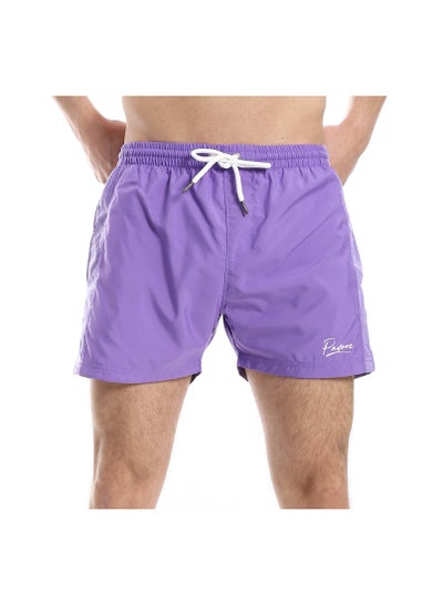 Buy Elastic Waist Slash Pockets Plain Swim Shorts - Neon Purple in Egypt