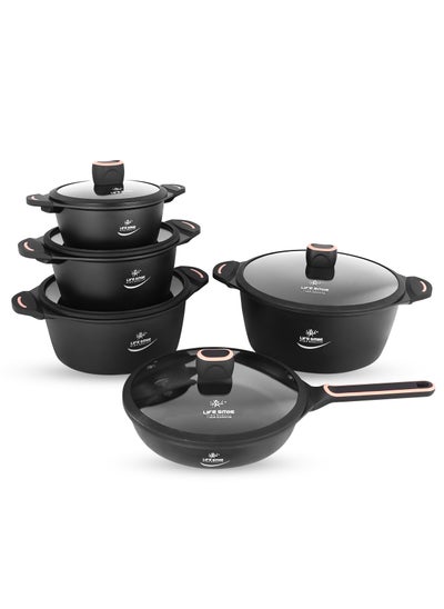 Buy 10-Piece Cookware Set - Pots and Pan Set Induction Base, Titanium Granite Non Stick Coating 100% PFOA FREE, Kitchen Cooking Set with Stay Cool Handles (Black) in UAE