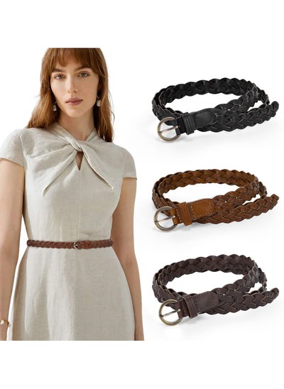 Buy Skinny Braided Leather Belts for Women, Thin Woven Waist Belts for Jeans Dresses, 0.9” Width(3 Pack) in Saudi Arabia