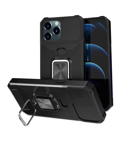 Buy Kickstand Case for iPhone 12 Pro Max with Slide Camera Lens Cover, Heavy Duty Armor Style Rotate Ring Stand & Card Holder Slot Magnetic Car Mount, Durable Phone Shockproof Wallet in Saudi Arabia