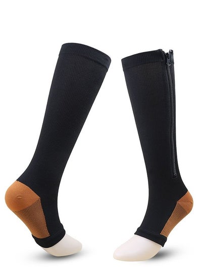 Buy 1 Pairs Copper Zipper Sport Compression Socks Knee High Open Toe, Comfort&Fatigue Relief for Women&Men, Calf Elastic Socks for Running Fitness Climb mountains Black(L/XL) in Saudi Arabia