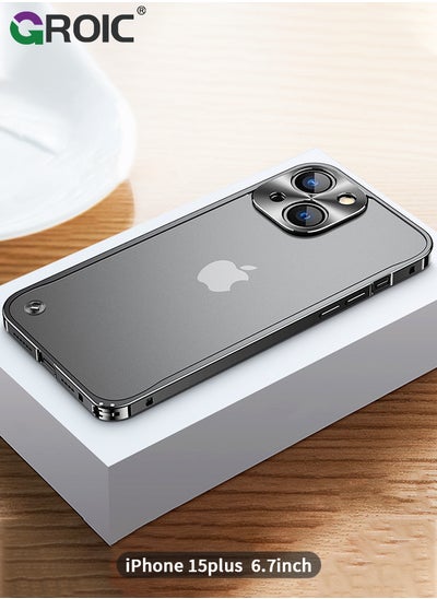 Buy Metal Frame Black Case for iPhone 15 Plus, Ultra Slim Frosted PC Matte Back with Lanyard Holes Lock Type Military Aluminum Alloy Bumper in Saudi Arabia