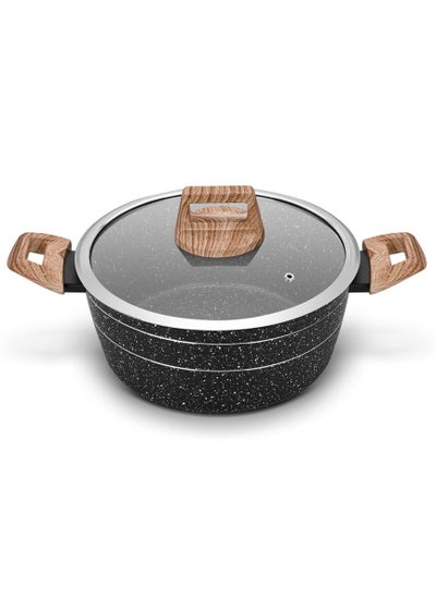 اشتري Auroware Non Stick 20cm Casserole with Glass Lid Black Forged Aluminium Dishwasher safe Durable and Strong Wooden Finish Handle في الامارات