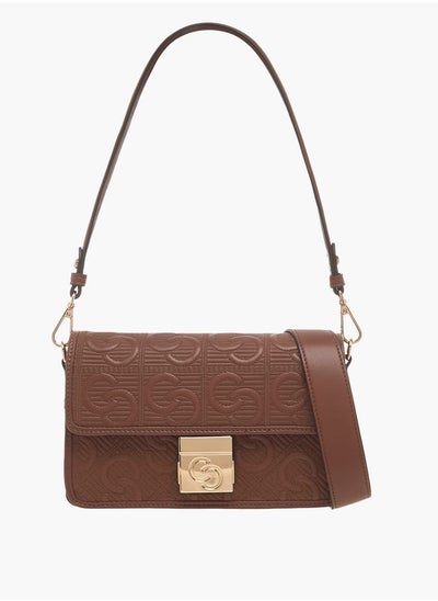 اشتري All-Over Monogram Textured Crossbody Bag with Flap Closure في الامارات