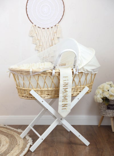 Buy Baby cradle Moses basket for babies with mosquito net with wooden holder white color folding in Saudi Arabia