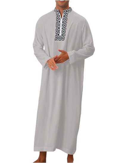 Buy Men's Muslim Stand Collar Printed Loose Robe Thobe Long Sleeve Zipper Kaftan Grey in UAE