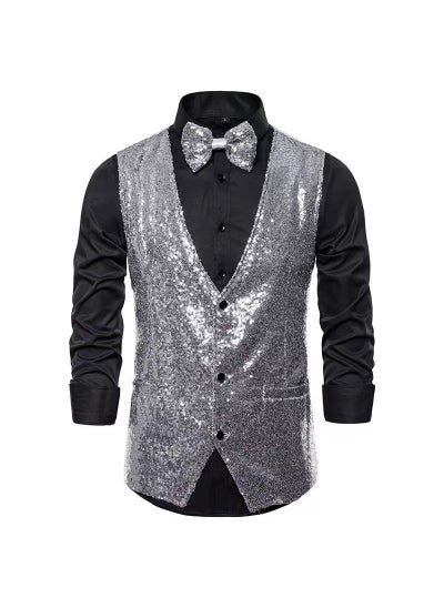 Buy Mens Fashion Stage Performance Dress Small Sequins Suit Vest Mens Host MC Studio Vest VestSilver Silver in UAE