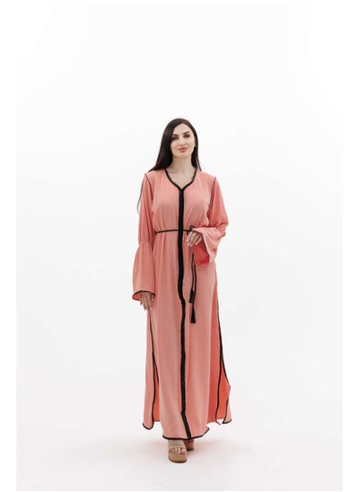 Buy LONG CLASSY SIMPLE SOLID PEACH COLOUR FRONT BUTTONED LACE ARABIC KAFTAN JALABIYA DRESS in Saudi Arabia