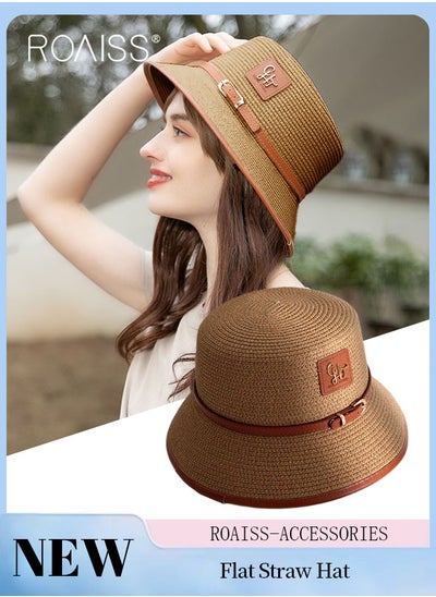 اشتري Flat Straw Hat for Women, Summer Beach Hat Vacation Sunshade Sunscreen Woven Hat, Breathable Sun Hat with Small Leather Label Decoration Fashion Accessories في السعودية