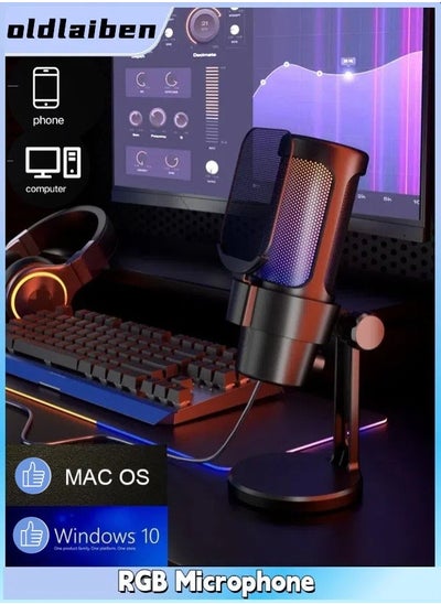 اشتري RGB Gaming Microphone, USB Computer Desktop Microphone, Condenser One-Touch Mute Recording Microphone, Tap to Mute Sensor, Plug and Play, For Gaming, Streaming, Recording（Black） في السعودية