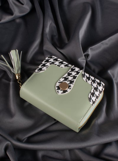 Buy Leather Flip Wallet & Card Holder with 7 Pockets and Zipped Pocket Green Mint, Black and White in Egypt