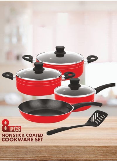 Buy 8-Pcs Non-Stick Cookware Set | Scratch-Resistant Pots and Pans Set | 24cm,22cm Casserole | 24cm Fry Pan | 18cm Sauce Pan | Nylon Spatula(Red) in UAE