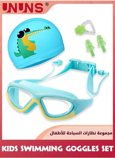 اشتري Kids Swim Goggles,Wide View Swimming Set With Swimming Cap For Boys Girls 3-14,Anti Fog 100% Uv Protection Goggles With Nose Cover,Connect Ear Plugs,No Leaking Goggles,Green Crocodile في الامارات