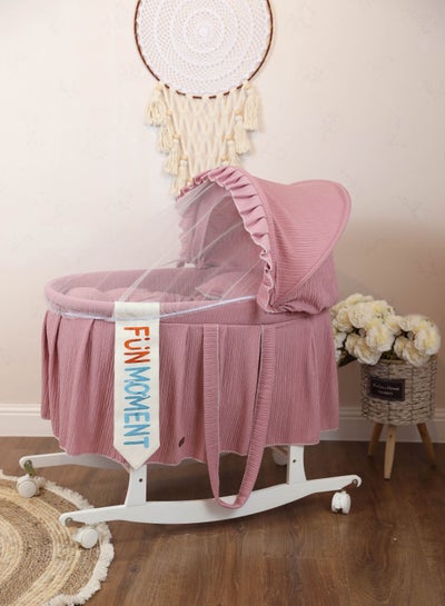 Buy Baby cradle Moses basket for children with mosquito net with white holder with wheels in Saudi Arabia