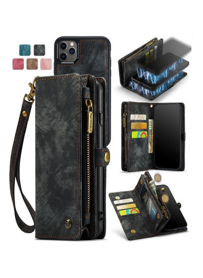 Buy Protective Phone Cover Case Wallet Case For Apple iPhone 11 Pro Max, 2 in 1 Detachable Premium Leather Magnetic Zipper Pouch Wristlet Flip Phone Case (Black) in UAE