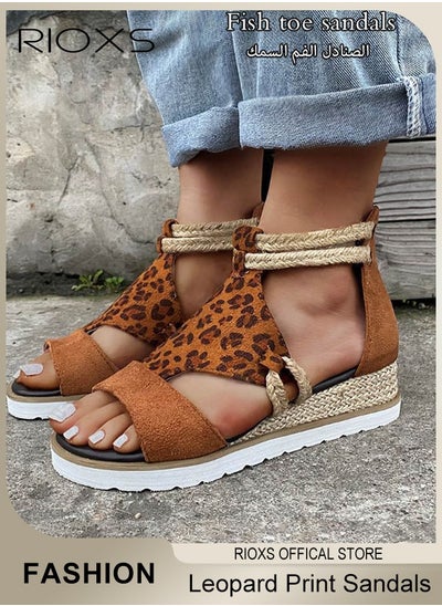 Buy Women's Wedge Round Toe Casual Leopard Print Sandals Comfortable Summer Open Toe Sandals with back zipper in Saudi Arabia