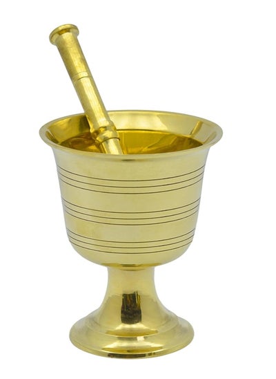 Buy Majestic Brass Hawan Dasta Mortar and Pestle – Large Size, Dia 17.5 cm, Height 22.5 cm, Pestle Length 24 cm – Handcrafted Durable Design for Grinding Spices, Herbs, Spiritual Rituals, and Kitchen Use in UAE