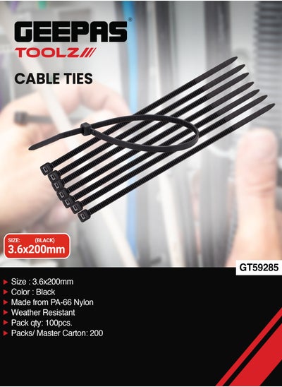 Buy Geepas Cable Ties GT59285, 3.6 X 200 MM, Pack Of 100 Pieces, Ideal For Organizing and Securing Cables and Wires, Made from PA-66 Nylon in UAE