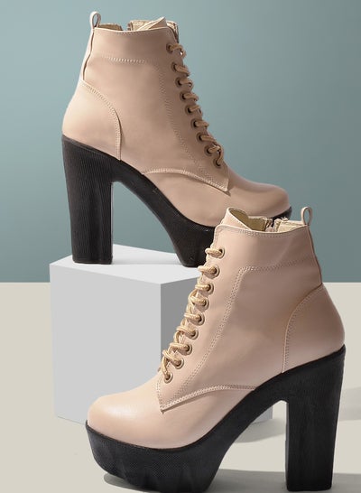 Buy Ankle Boot Leather Heel 7cm-Beige in Egypt