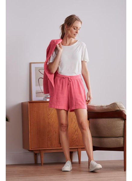 Buy Women Drawstring Plain Muslin Shorts, Pink in UAE