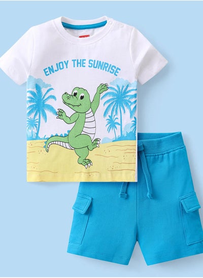 اشتري Babyhug Cotton Knit Half Sleeves T-Shirt & Shorts Set With Beach Croc Print - White & Blue(9-24m72-4Y) في الامارات