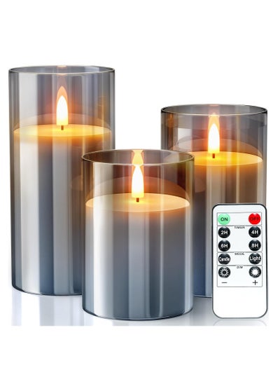 Buy LED Flameless Candle Set Grey, Tea Lights Candles Battery Operated,Valentine's Day Glass Flameless Candles with Remote, 3-Pack Fake Candles LED Candles, Wedding, Table Decorations in Saudi Arabia