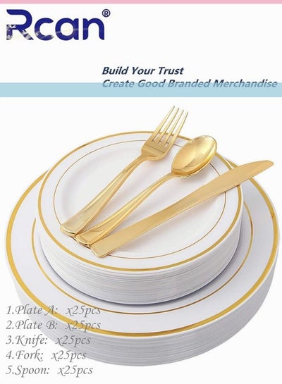 Buy 125 Pcs/set Gold Upscale Wedding Dining Party Disposable Plastic Cutlery Set, Party Supplies Plate, Spoon, Fork, Knife, Party Tableware (25 Guest) in Saudi Arabia