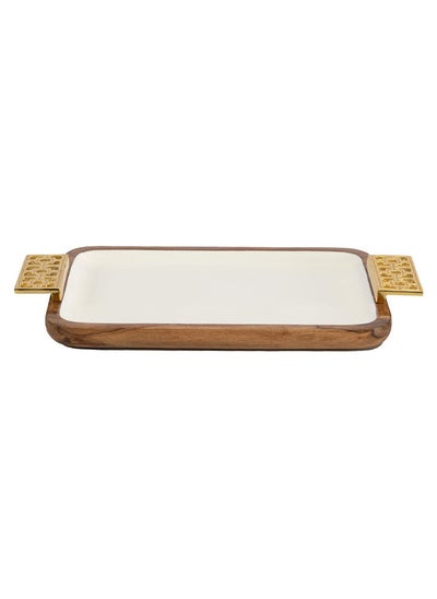 Buy Damask Small Wooden Rectangular Tray, White & Gold - 40x23 cm in UAE