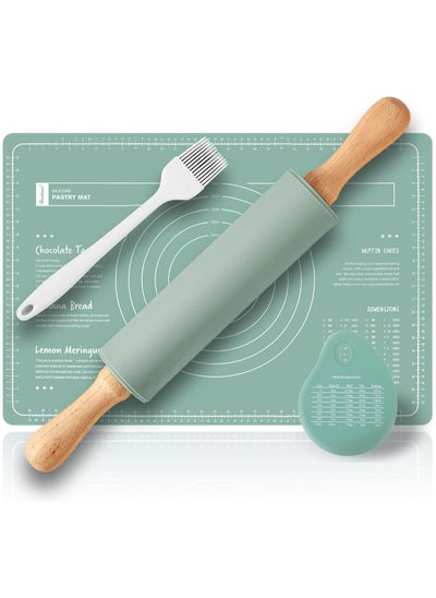 Buy Silicone Baking Mats Set & Rolling Pin with Pastry Brushes and Dough Scraper,Non Stick Silicone Rolling pin with Wooden Handle and Baking mats Non Stick Silicone,Pastry mat Set of 4 in UAE